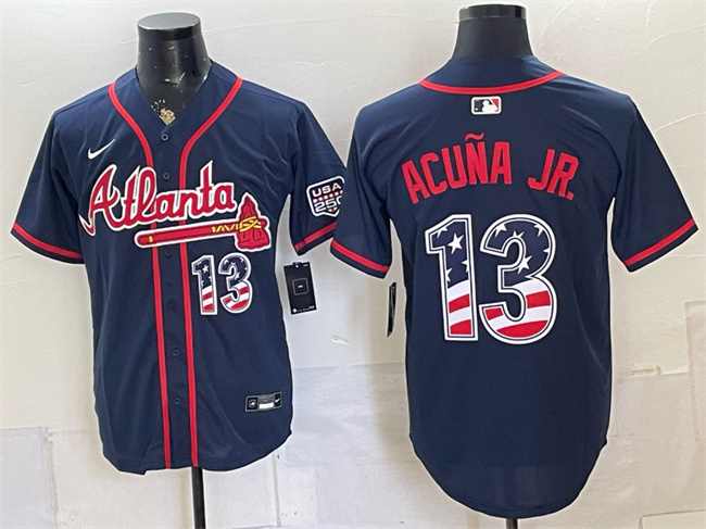 Men's Atlanta Braves #13 Ronald Acuña Jr. Navy USA 250 Fourth of July Home Stadium Stitched Baseball Jersey